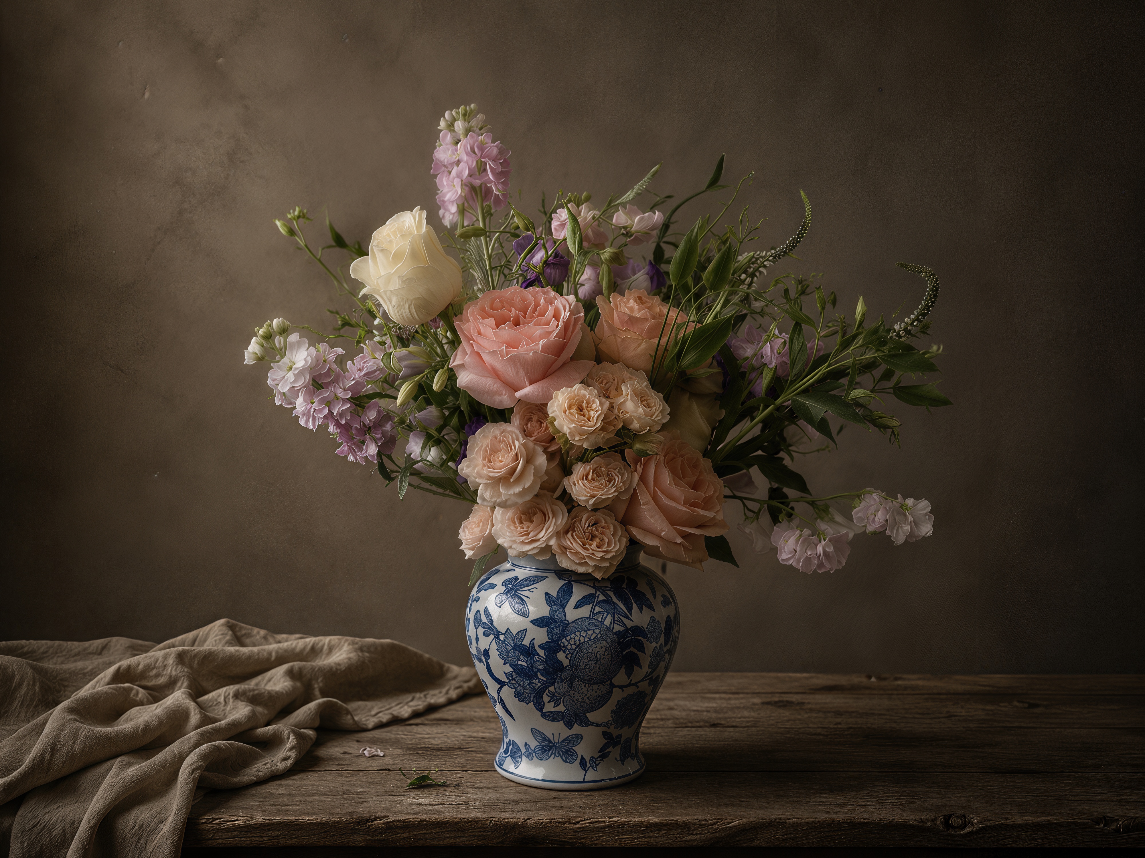 Fine-art floral arrangement featuring blush garden roses, cream spray roses, sweet pea, stock, and seasonal blooms in a blue-and-white porcelain vase. The arrangement is photographed on a rustic wood table against a warm taupe backdrop with soft directional light and a painterly Dutch still-life aesthetic.